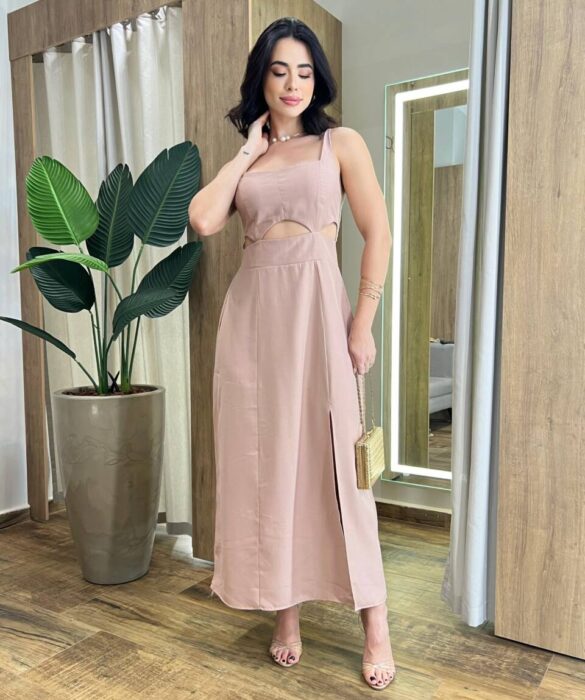 Vestido Midi Luna Alça Regulável com Bojo e Fenda Bege - Fernanda Ramos Store