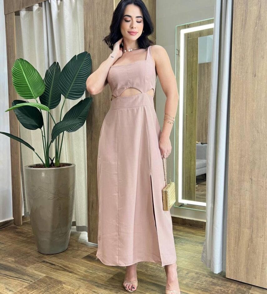 Vestido Midi Luna Alça Regulável com Bojo e Fenda Bege - Fernanda Ramos Store