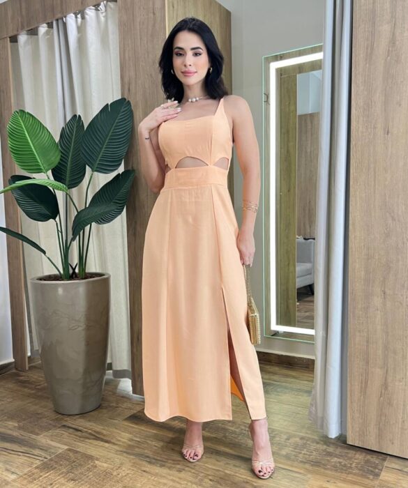 Vestido Midi Luna Alça Regulável com Bojo e Fenda Salmão - Fernanda Ramos Store