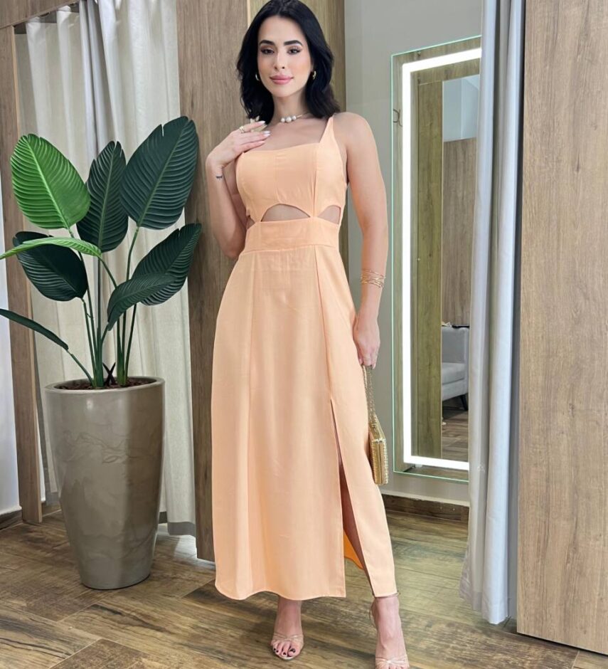 Vestido Midi Luna Alça Regulável com Bojo e Fenda Salmão - Fernanda Ramos Store