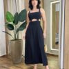 Vestido Midi Luna Alça Regulável com Bojo e Fenda Preto - Fernanda Ramos Store