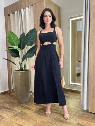 Vestido Midi Luna Alça Regulável com Bojo e Fenda Preto - Fernanda Ramos Store