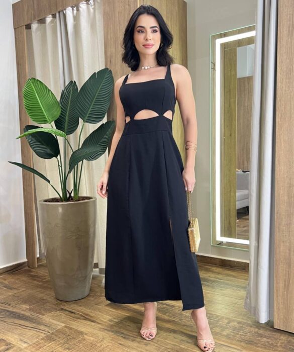 Vestido Midi Luna Alça Regulável com Bojo e Fenda Preto - Fernanda Ramos Store