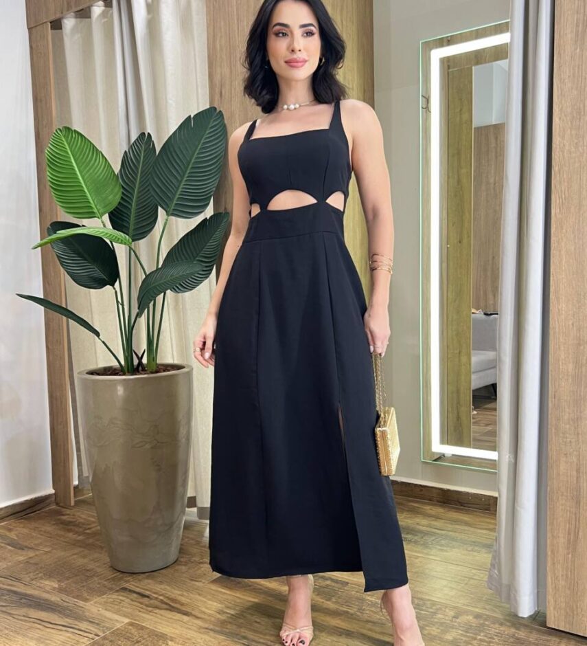 Vestido Midi Luna Alça Regulável com Bojo e Fenda Preto - Fernanda Ramos Store