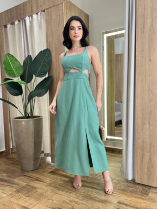 Vestido Midi Luna Alça Regulável com Bojo e Fenda Verde - Fernanda Ramos Store