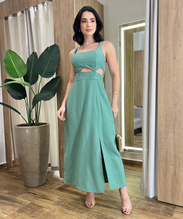 Vestido Midi Luna Alça Regulável com Bojo e Fenda Verde - Fernanda Ramos Store