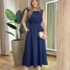 Vestido Midi Luna Viscolinho sem Bojo com Cinto Azul Marinho - Fernanda Ramos Store