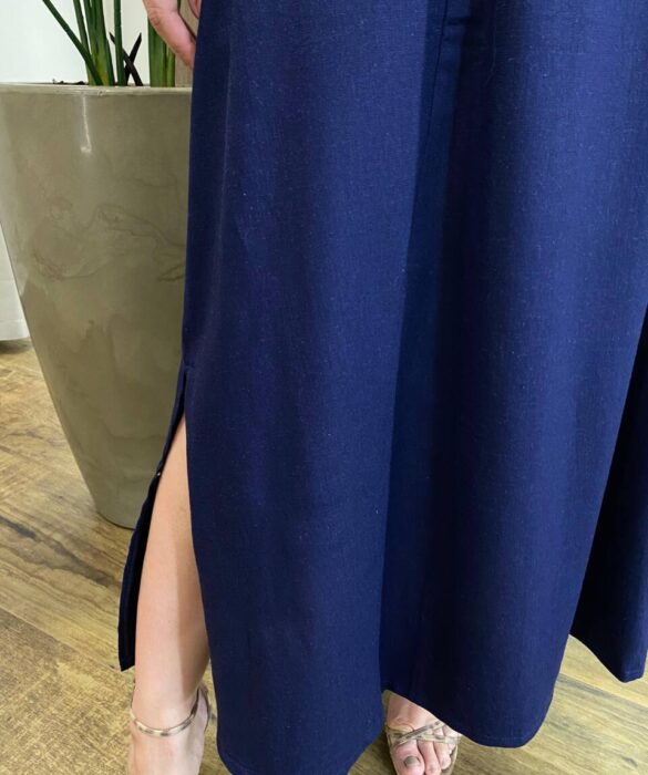 Vestido Midi Luna Viscolinho sem Bojo com Cinto Azul Marinho - Fernanda Ramos Store