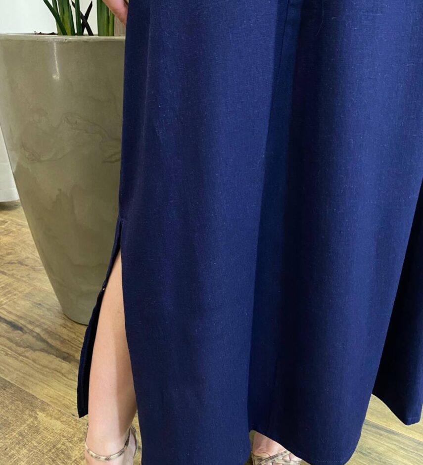 Vestido Midi Luna Viscolinho sem Bojo com Cinto Azul Marinho - Fernanda Ramos Store