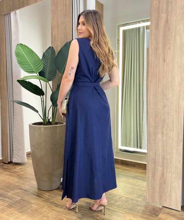 Vestido Midi Luna Viscolinho sem Bojo com Cinto Azul Marinho - Fernanda Ramos Store