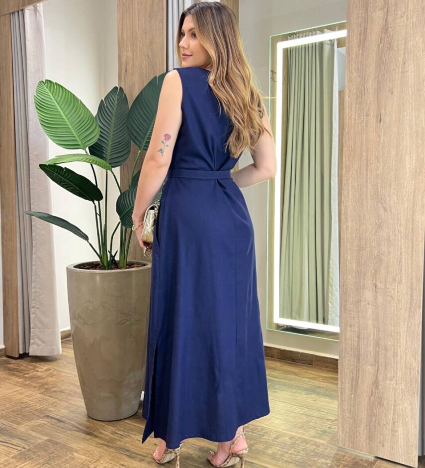Vestido Midi Luna Viscolinho sem Bojo com Cinto Azul Marinho - Fernanda Ramos Store