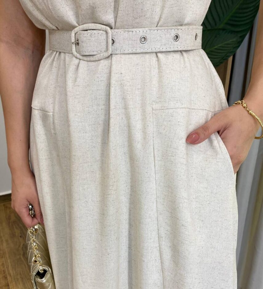 Vestido Midi Luna Viscolinho sem Bojo com Cinto Cru - Fernanda Ramos Store