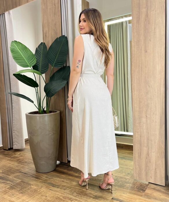 Vestido Midi Luna Viscolinho sem Bojo com Cinto Cru - Fernanda Ramos Store