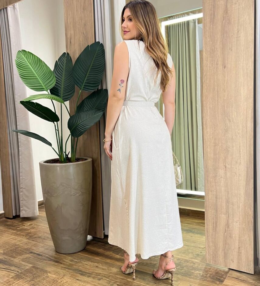 Vestido Midi Luna Viscolinho sem Bojo com Cinto Cru - Fernanda Ramos Store