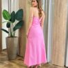 Vestido Midi Melissa Alça Regulável com Bojo e Cinto Rosa - Fernanda Ramos Store