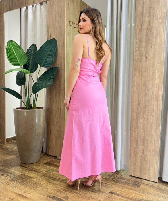 Vestido Midi Melissa Alça Regulável com Bojo e Cinto Rosa - Fernanda Ramos Store