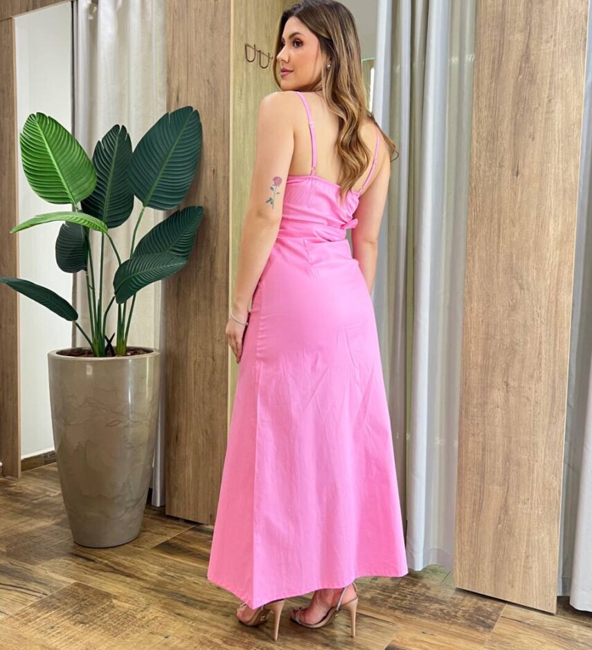 Vestido Midi Melissa Alça Regulável com Bojo e Cinto Rosa - Fernanda Ramos Store
