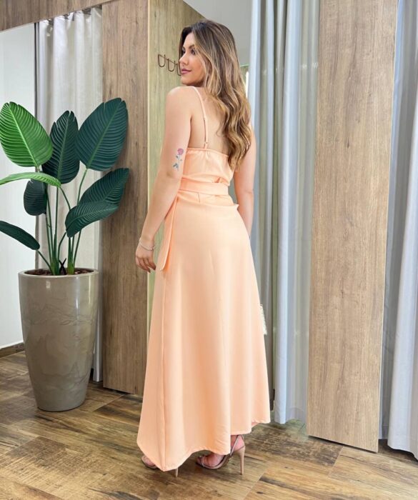 Vestido Midi Melissa Alça Regulável com Bojo e Cinto Salmão - Fernanda Ramos Store