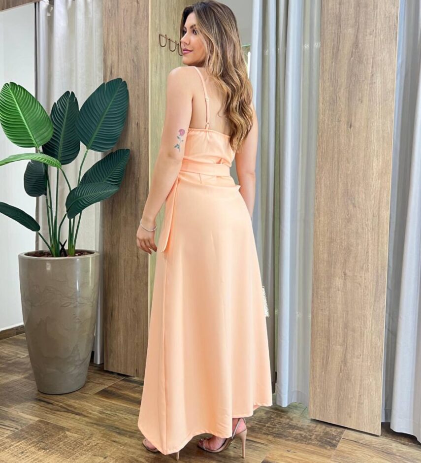 Vestido Midi Melissa Alça Regulável com Bojo e Cinto Salmão - Fernanda Ramos Store