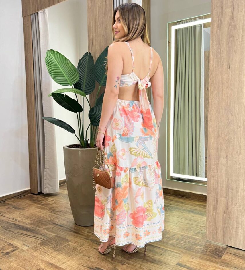Vestido Midi Rebeca sem Bojo com Abertura Off White Estampado - Fernanda Ramos Store