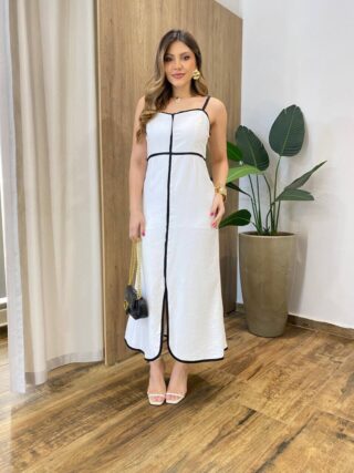 Vestido Midi Zoe sem Bojo Branco com Fenda Frontal e Detalhe Preto - Fernanda Ramos Store
