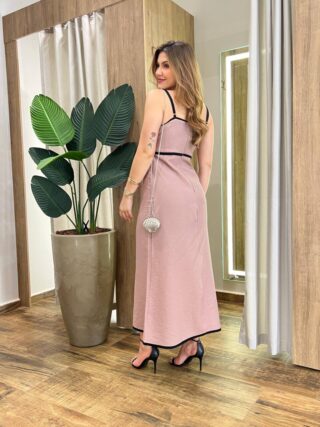 Vestido Midi Zoe sem Bojo Marrom com Fenda Frontal e Detalhe Preto - Fernanda Ramos Store