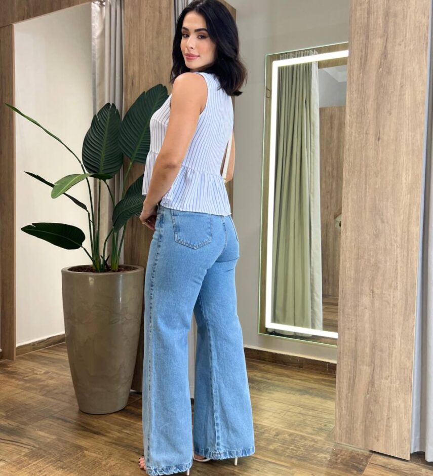 Blusa Bata Diana com Amarração Frontal Branca Listrada - Fernanda Ramos Store
