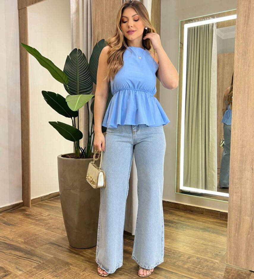 Blusa Bata Feminina sem Bojo Cecília com Amarração Atrás Azul Bebê - Fernanda Ramos Store