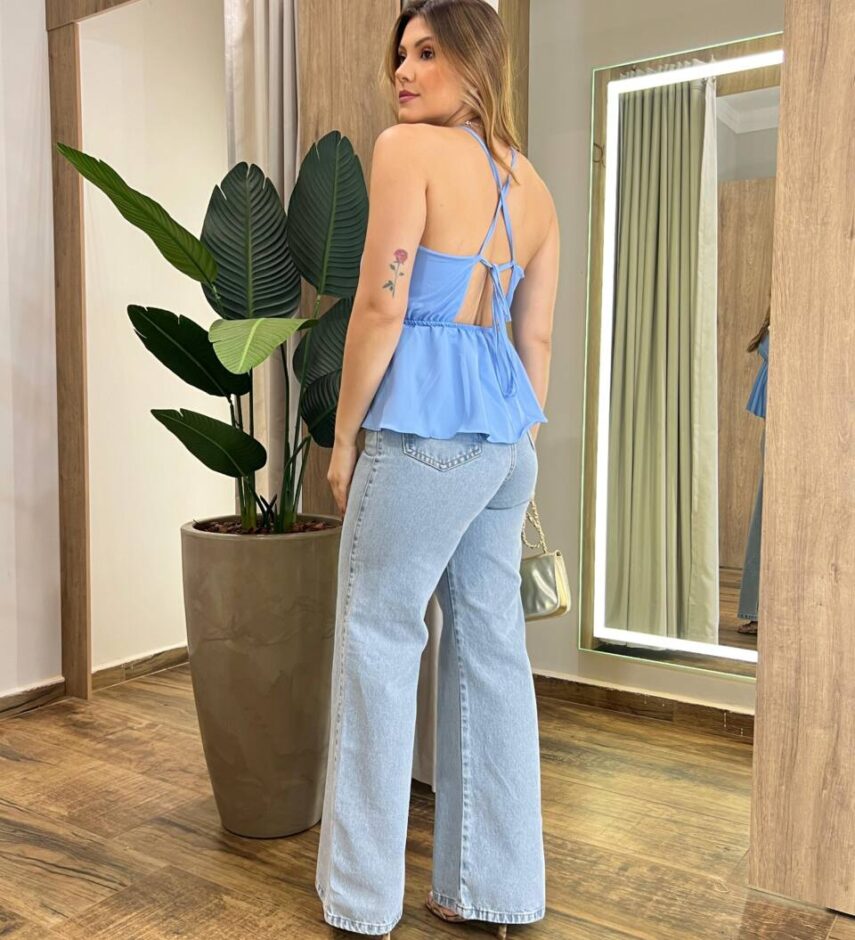 Blusa Bata Feminina sem Bojo Cecília com Amarração Atrás Azul Bebê - Fernanda Ramos Store