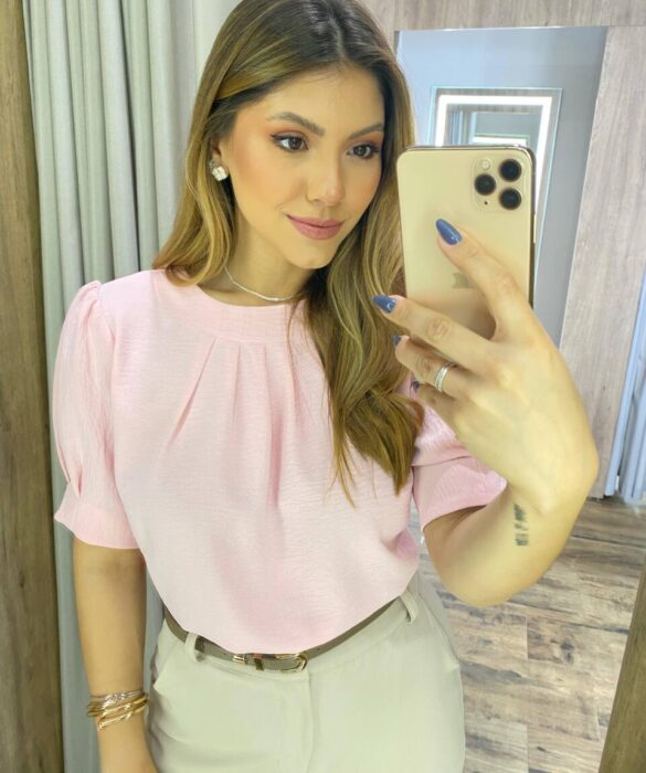 Blusa Feminina Crepe Luana Manga Princesa Rosa - Fernanda Ramos Store