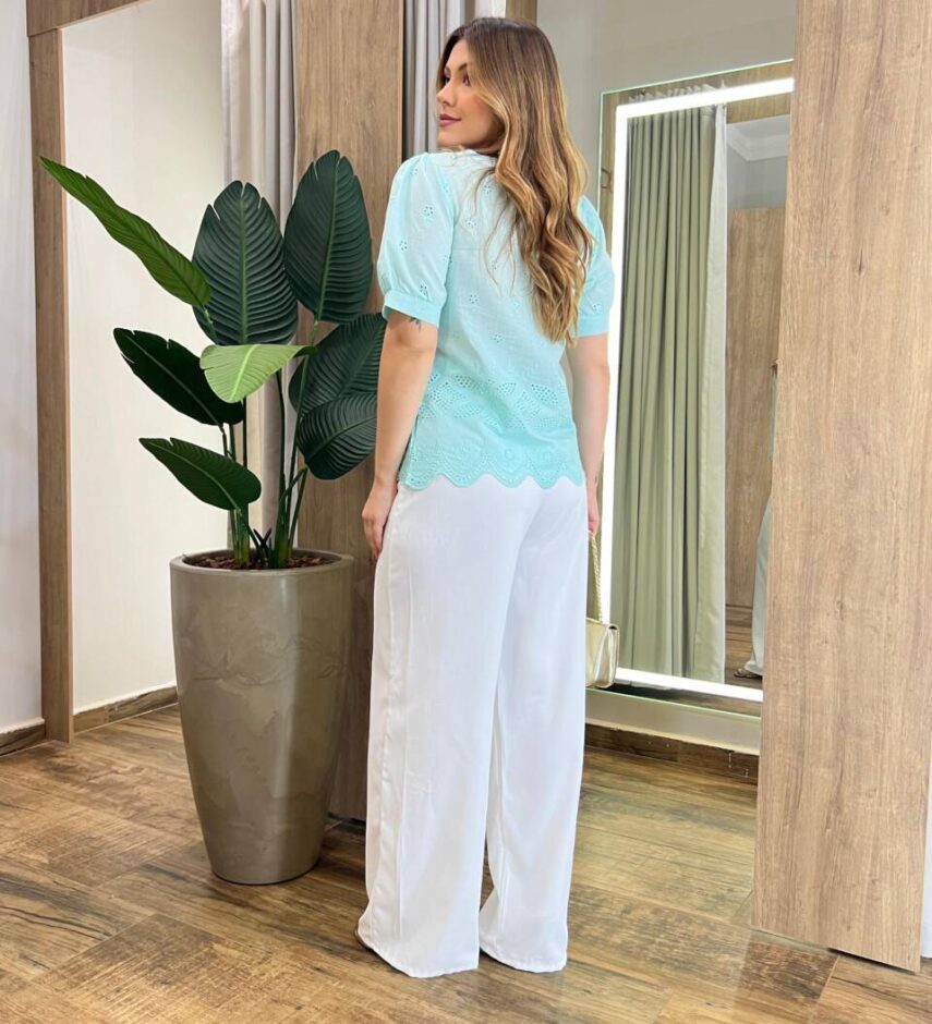Blusa Feminina Cris Manga Curta de Laise Verde Água - Fernanda Ramos Store