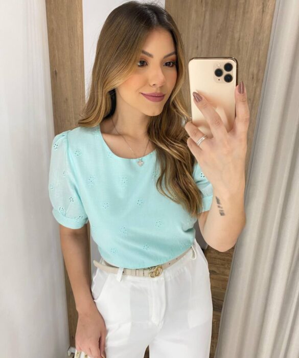 Blusa Feminina Cris Manga Curta de Laise Verde Água - Fernanda Ramos Store