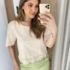 Blusa Feminina Manga Curta Caroline com Bordado Bege - Fernanda Ramos Store