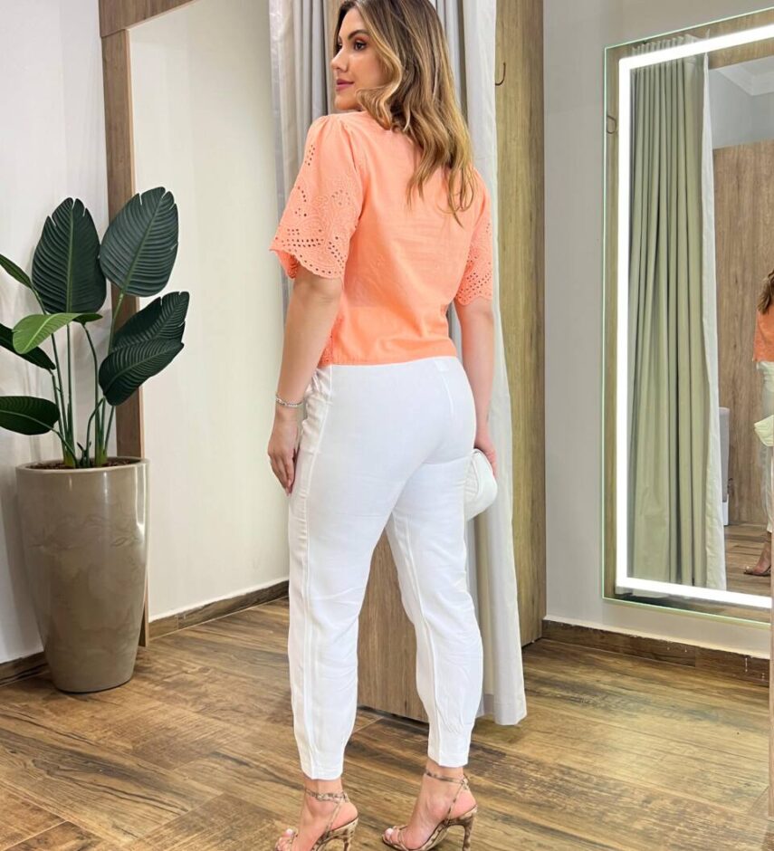 Blusa Feminina Manga Curta Caroline com Bordado Salmão - Fernanda Ramos Store