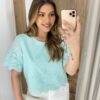 Blusa Feminina Manga Curta Caroline com Bordado Verde Água - Fernanda Ramos Store