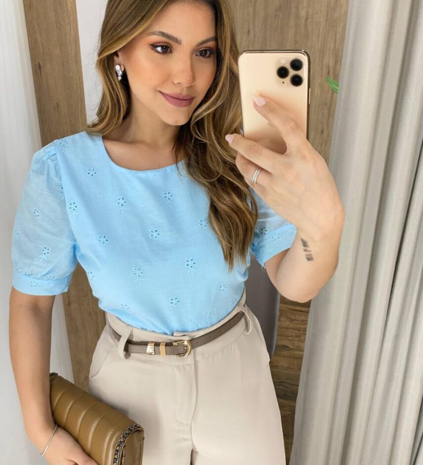 Blusa Feminina Cris Manga Curta de Laise Azul - Fernanda Ramos Store