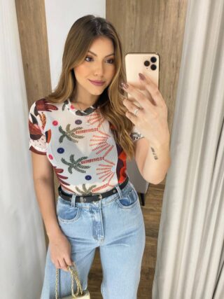 Blusa Feminina Manga Curta Duda de Tule Branca Estampada - Fernanda Ramos Store