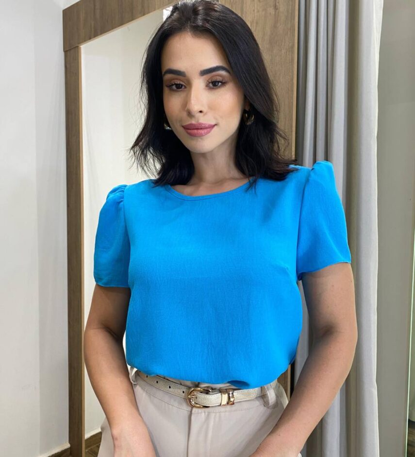 Blusa Feminina Manga Curta Nina de Crepe Azul - Fernanda Ramos Store