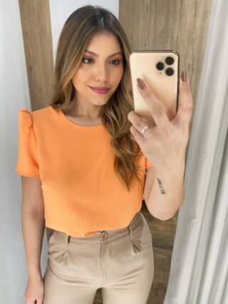 Blusa Feminina Manga Curta Nina de Crepe Laranja - Fernanda Ramos Store