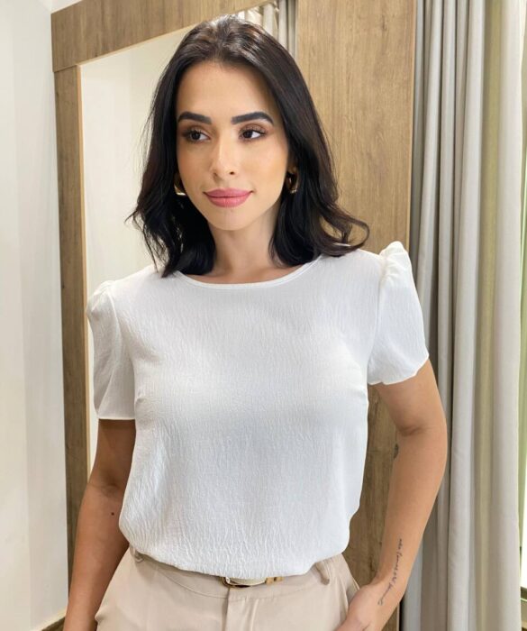 Blusa Feminina Manga Curta Nina de Crepe Off White - Fernanda Ramos Store