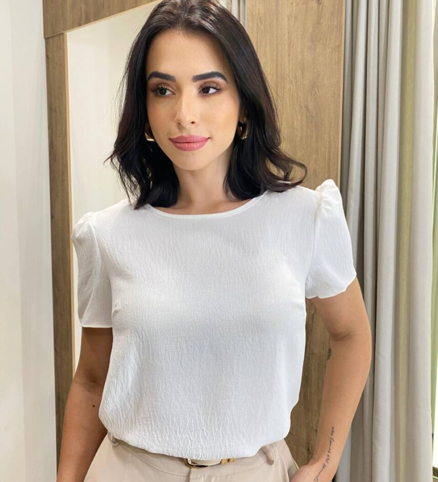 Blusa Feminina Manga Curta Nina de Crepe Off White - Fernanda Ramos Store