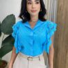 Blusa Feminina Ruty Laise com Botões e Babado nas Mangas Azul - Fernanda Ramos Store