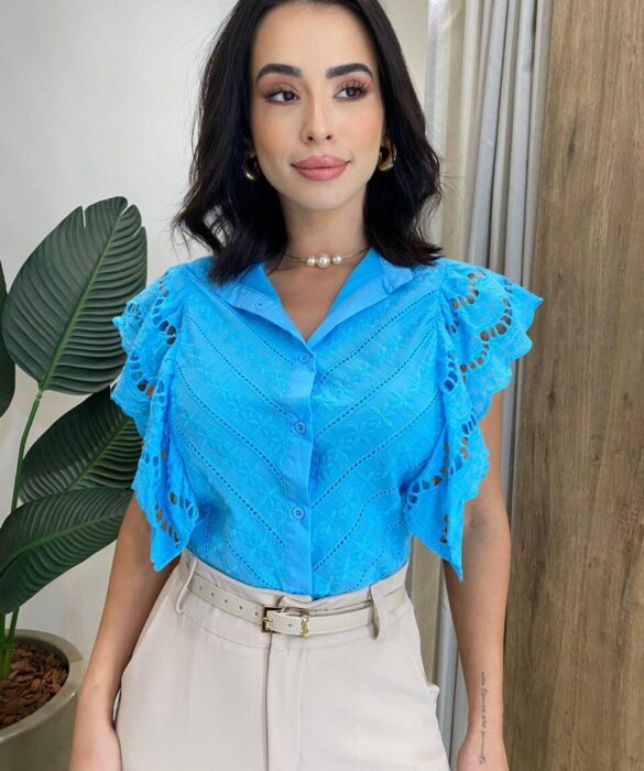 Blusa Feminina Ruty Laise com Botões e Babado nas Mangas Azul - Fernanda Ramos Store