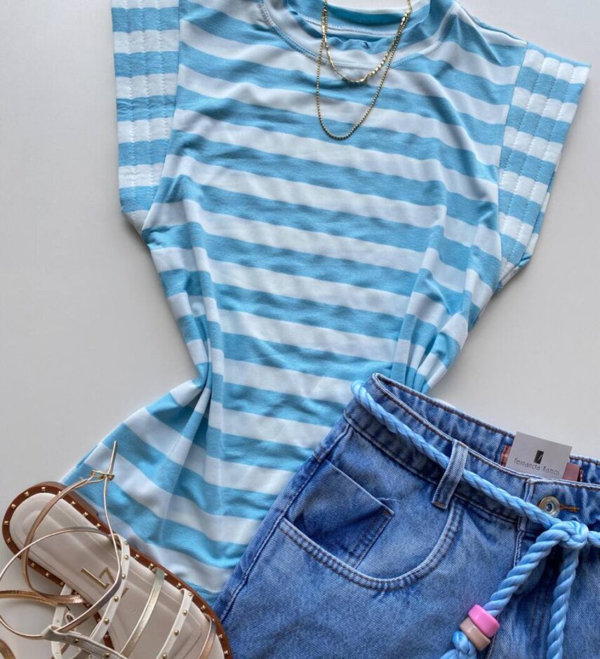 Blusa Feminina Tee Muscle Fernanda Listrada de Azul - Fernanda Ramos Store