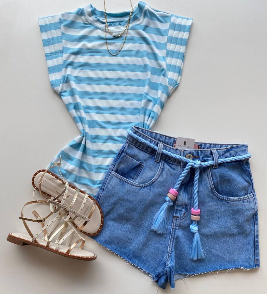 Blusa Feminina Tee Muscle Fernanda Listrada de Azul - Fernanda Ramos Store