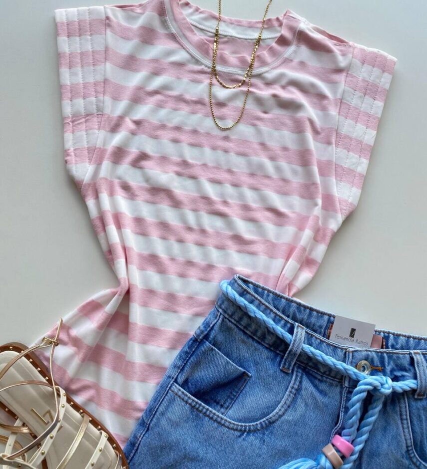 Blusa Feminina Tee Muscle Fernanda Listrada de Rosa - Fernanda Ramos Store