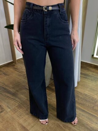 Calça Jeans Feminina Isabel Wide Leg com Cinto Preta - Fernanda Ramos Store