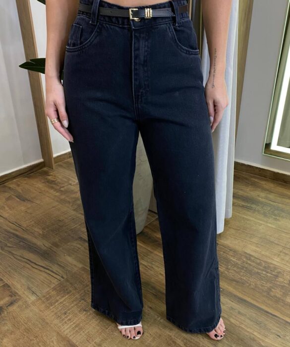 Calça Jeans Feminina Isabel Wide Leg com Cinto Preta - Fernanda Ramos Store