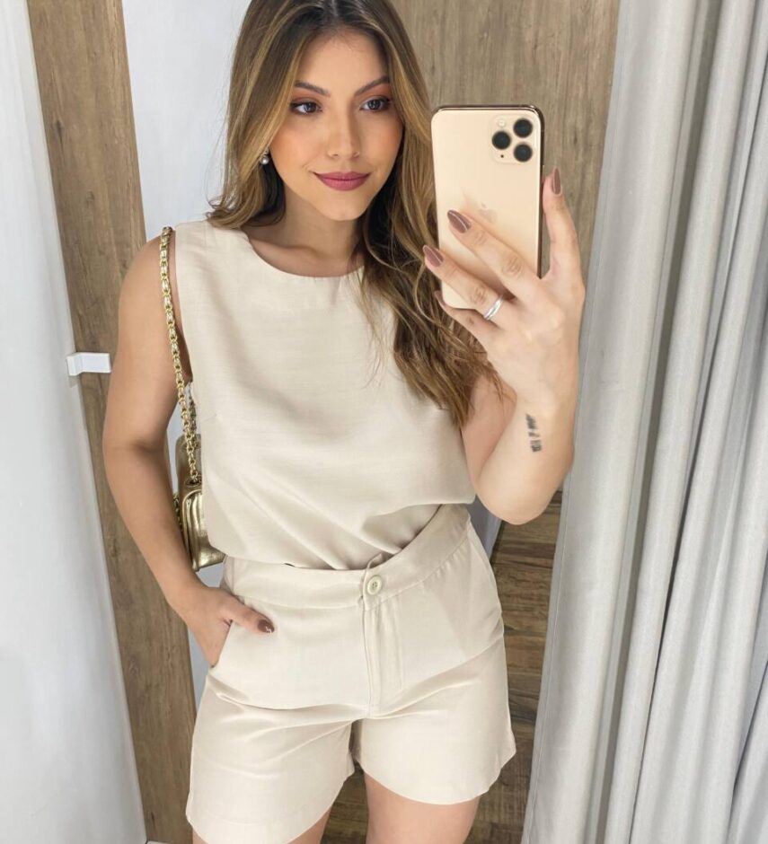Conjunto Feminino Alfaiataria Lia Regata e Short Nude - Fernanda Ramos Store