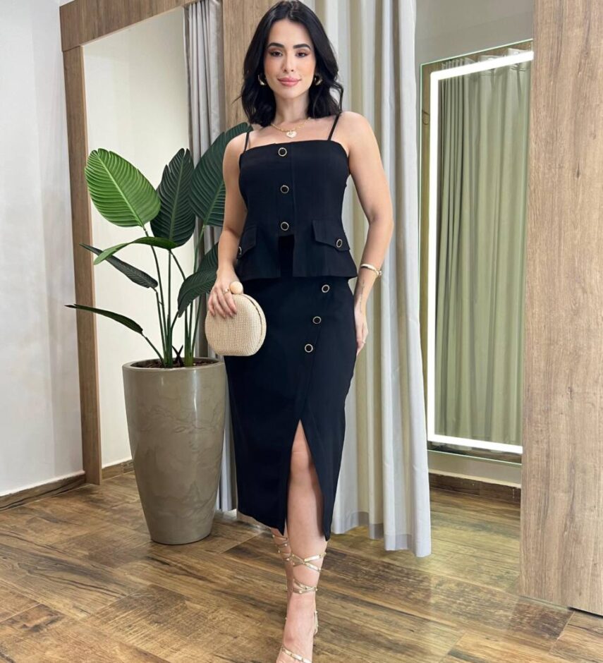 Conjunto Feminino Bianca Cropped com Bojo e Saia Midi Preto - Fernanda Ramos Store